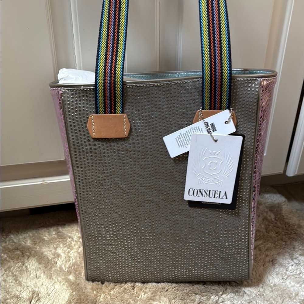 Consuela Metallic Tote with Multicolor Straps